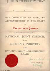 Completion certificate of approved apprenticeship in the craft of carpentry and Joinery